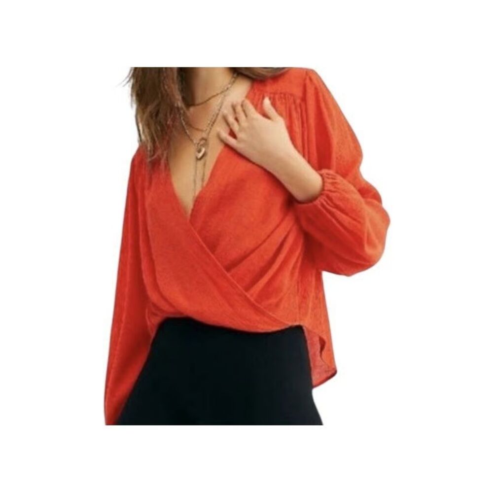 NEW Free people Check On It Wrap Red Crepe Crossover Wrap Top Blouse Size XS